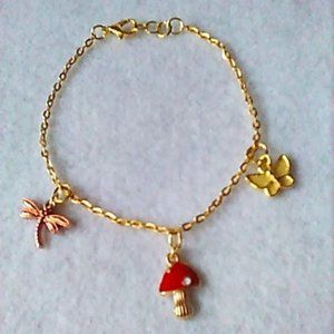 Gold Charm Bracelet with Red Mushroom and Butterfly